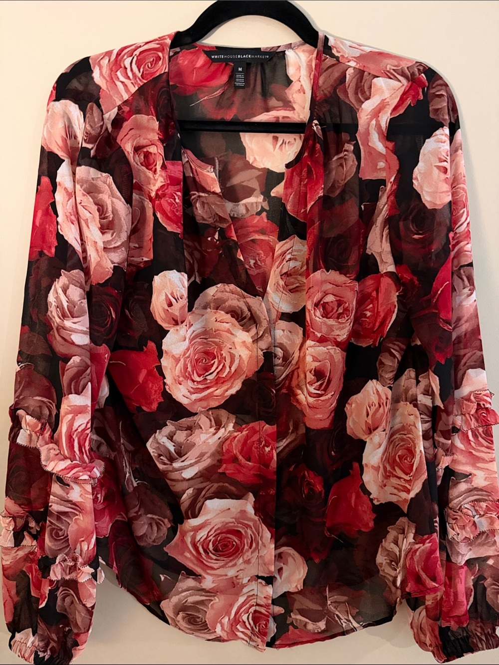 White House Black Market Black Sheer Blouse with Red and Pink Rose Print Size M